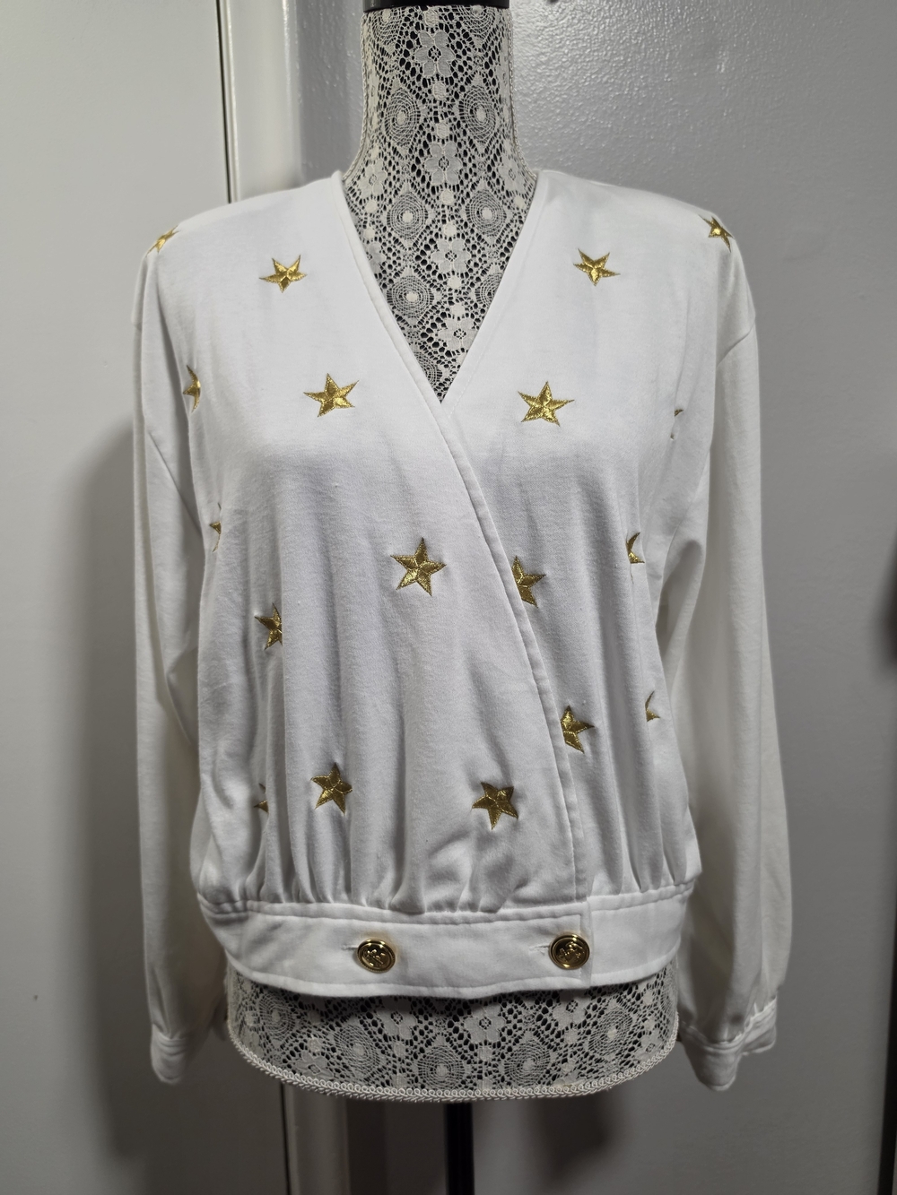 Vintage 80s Le Studio Classic Gold Star Wrap Top White Large